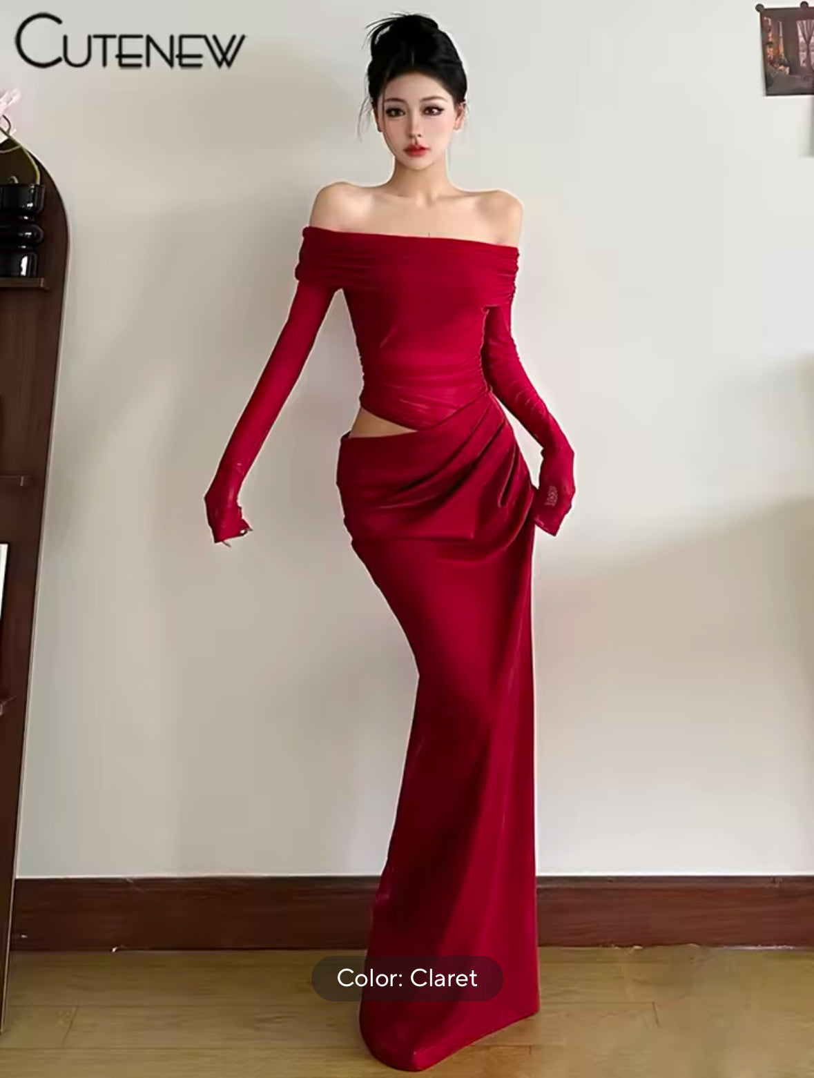 Sexy Mesh Ruched Maxi Dress for Women – Off Shoulder Sheer Long Sleeve Bodycon Gown for Midnight Parties