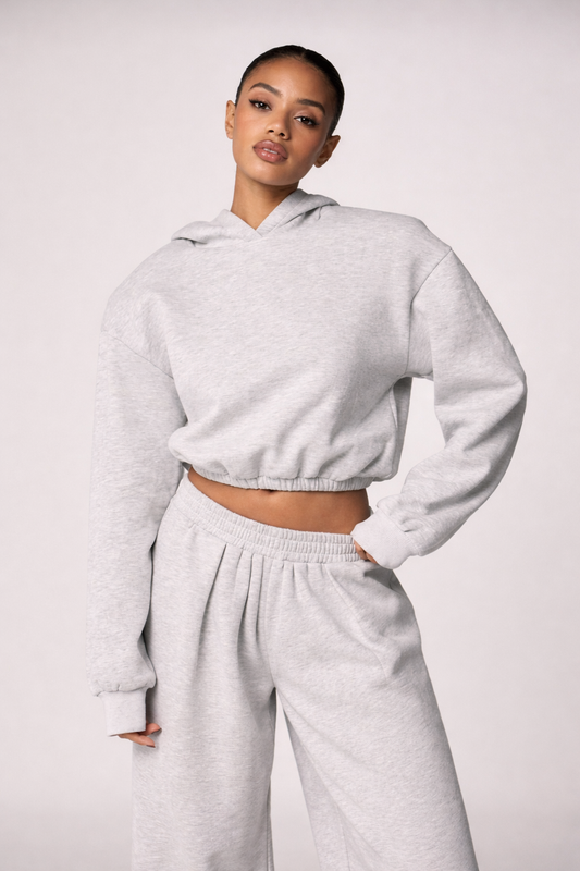 Women’s Oversized Shoulder Pad Cropped Hoodie – Bubble Hem Fall Winter Streetwear