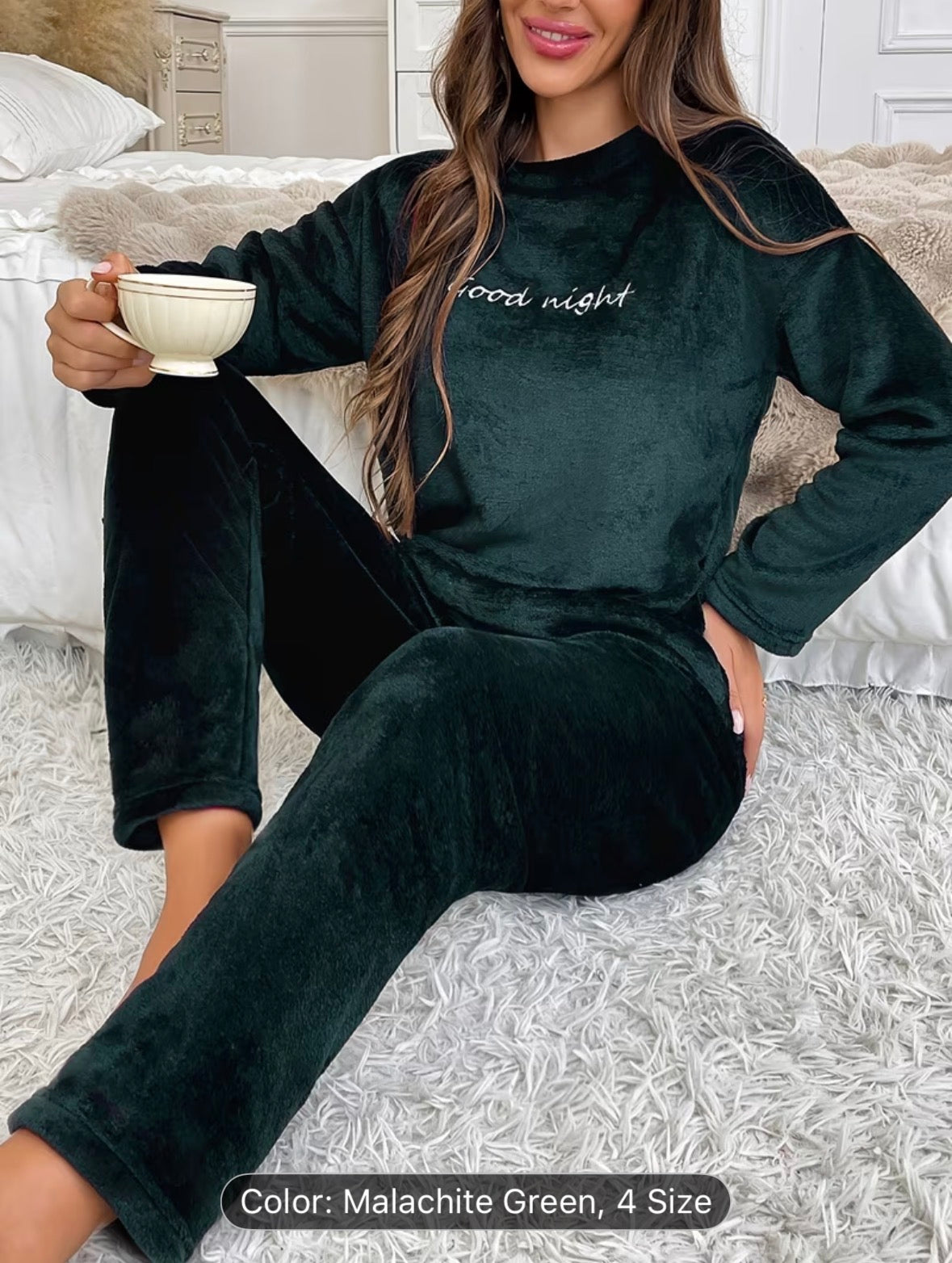 Women’s Autumn/Winter Flannel Coral Fleece Long Sleeve Pajama Set – Comfortable Warm Loungewear with Letter Embroidery, Casual Home Sleepwear Black - UltraChic