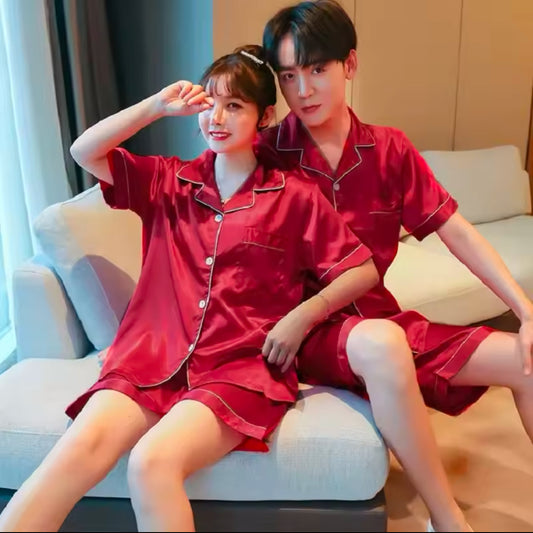 Silk Satin Pajamas Set for Couples – Comfortable Short-Sleeved Sleepwear for Men & Women, Plus Size Loungewear