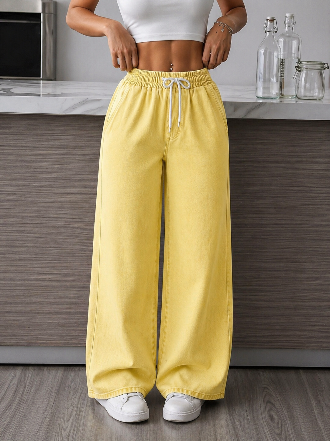 Drawstring Waist Denim Jeans High Comfort Relaxed Fit Effortless Casual Style All Season Women Petite