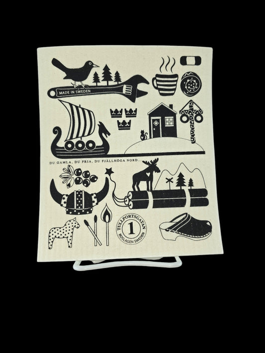 Dish Cloth: Made in Sweden Iconic Symbols of Sweden White with Black Print