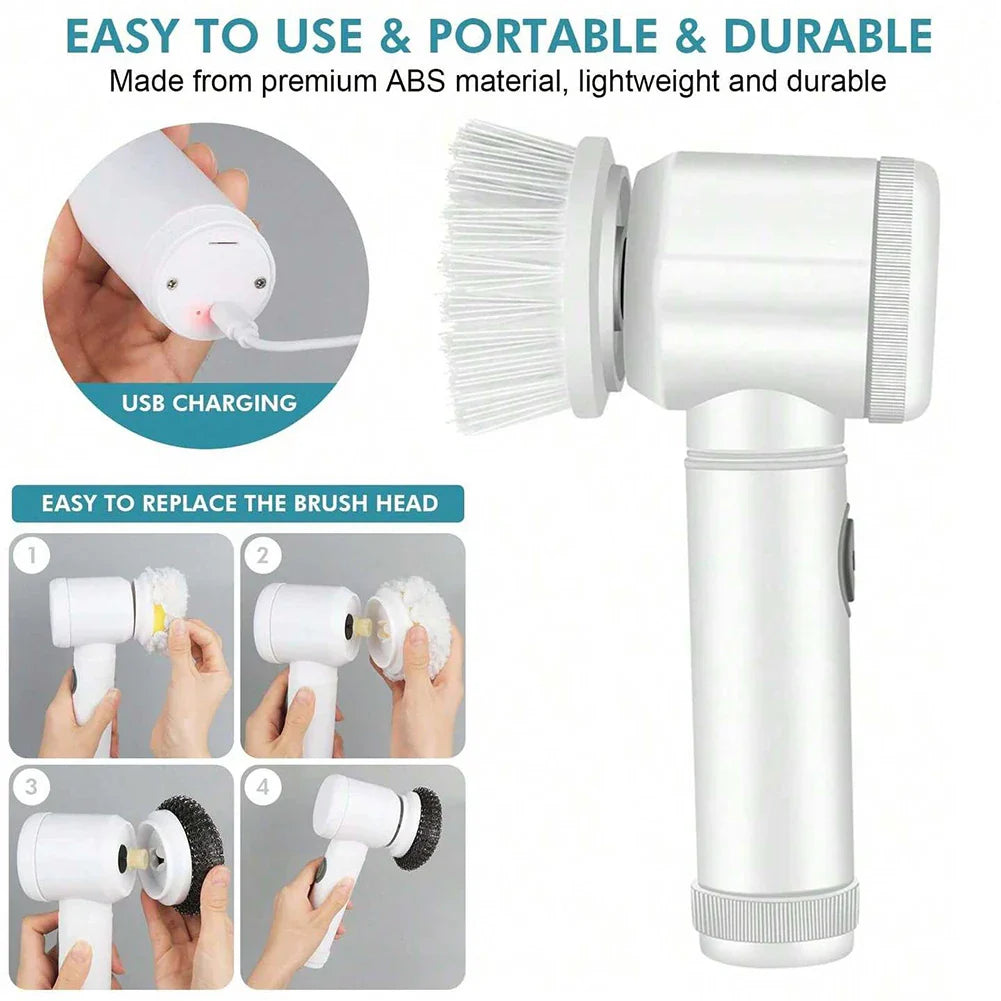 Electric Spin Scrubber USB Rechargeable Wireless Electric Cleaning Brush with 5PCS Brush Head Bathroom Kitchen Dishwashing Brush - UltraChic