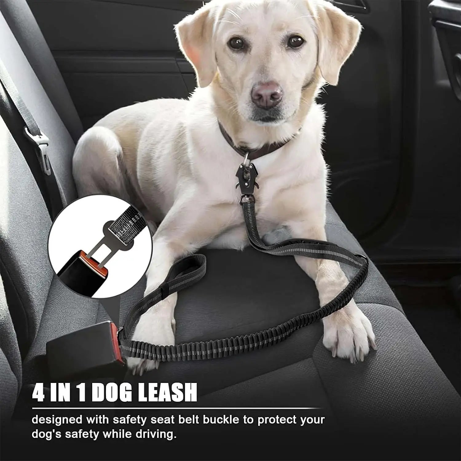 Reflective Shock Absorbing Pet Leash with Car Seatbelt Attachment for Large Dogs – Durable & Safe Dog Walking Harness - UltraChic