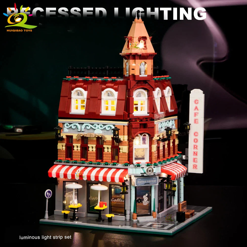 HUIQIBAO Toys MOC City Corner Coffee Shop Architecture Style Street View Micro Building Blocks for Children Construction Bricks - UltraChic