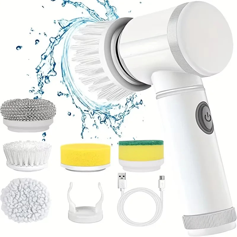 Electric Spin Scrubber USB Rechargeable Wireless Electric Cleaning Brush with 5PCS Brush Head Bathroom Kitchen Dishwashing Brush - UltraChic