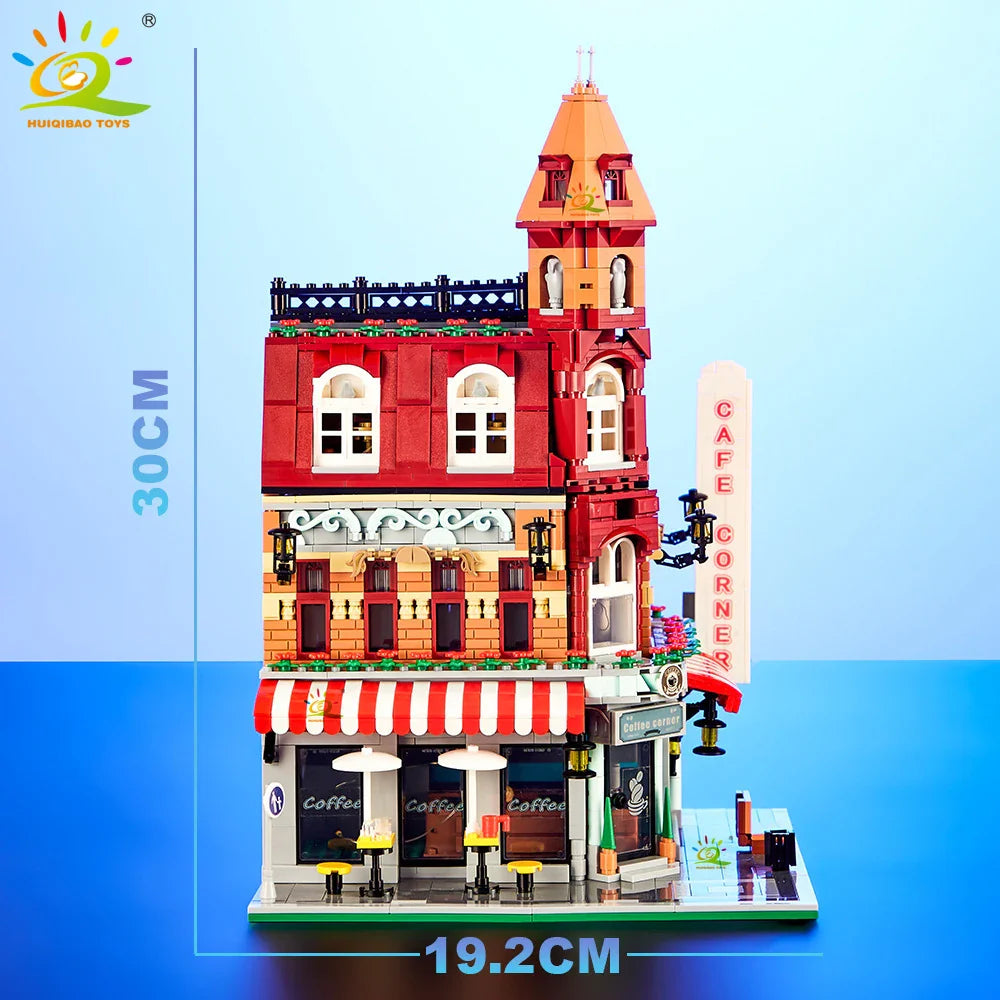 HUIQIBAO Toys MOC City Corner Coffee Shop Architecture Style Street View Micro Building Blocks for Children Construction Bricks - UltraChic