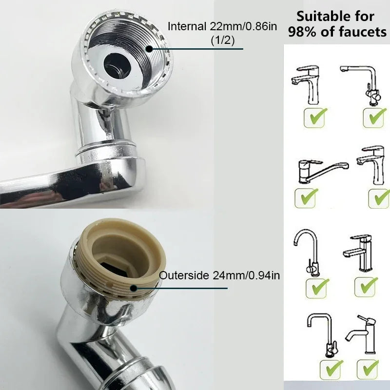 1080° Rotatable Extension Faucet Sprayer Head – 2 Spray Modes Universal Bathroom Tap Adapter Aerator