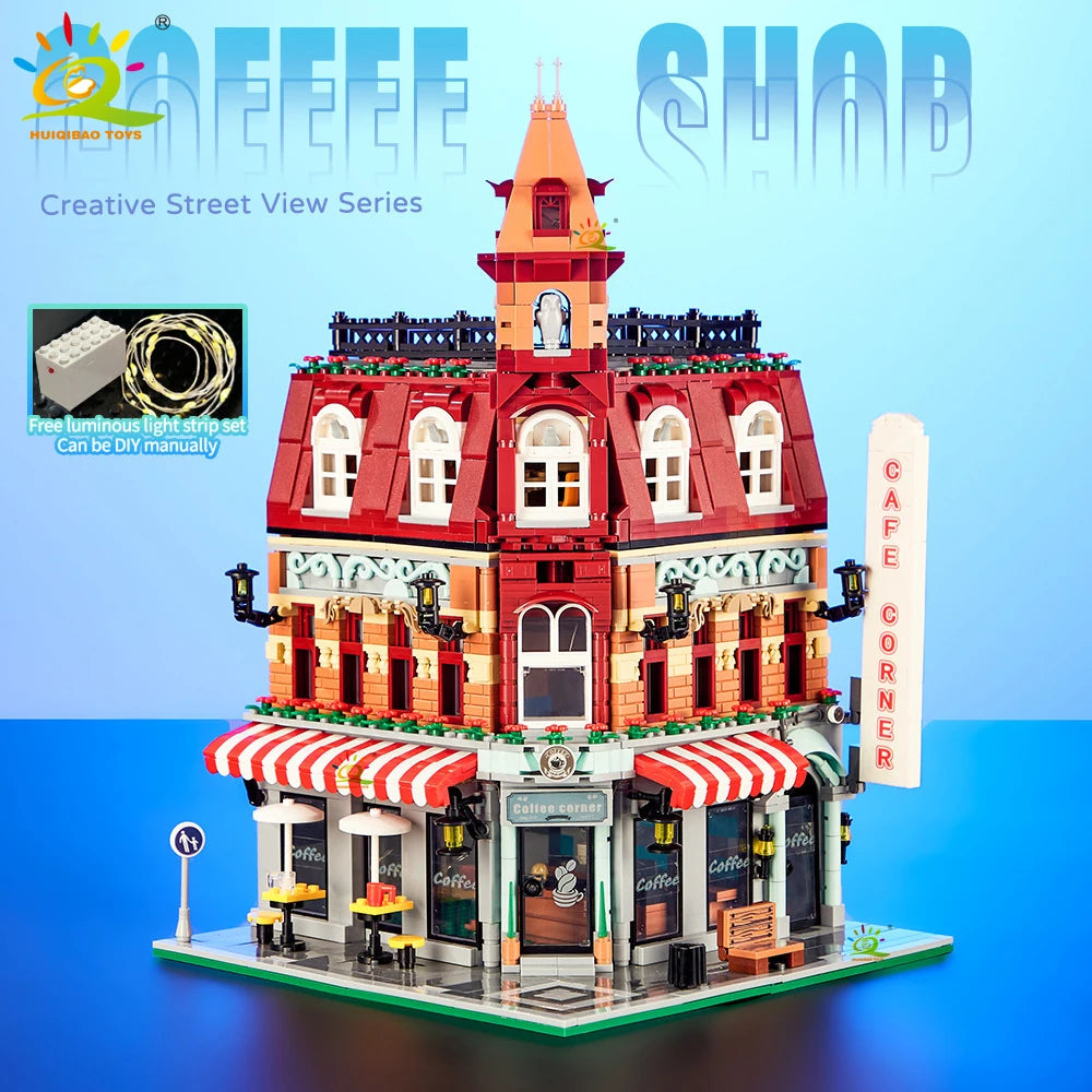 HUIQIBAO Toys MOC City Corner Coffee Shop Architecture Style Street View Micro Building Blocks for Children Construction Bricks - UltraChic