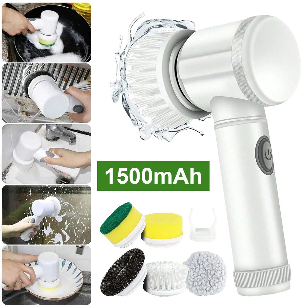 Electric Spin Scrubber USB Rechargeable Wireless Electric Cleaning Brush with 5PCS Brush Head Bathroom Kitchen Dishwashing Brush - UltraChic