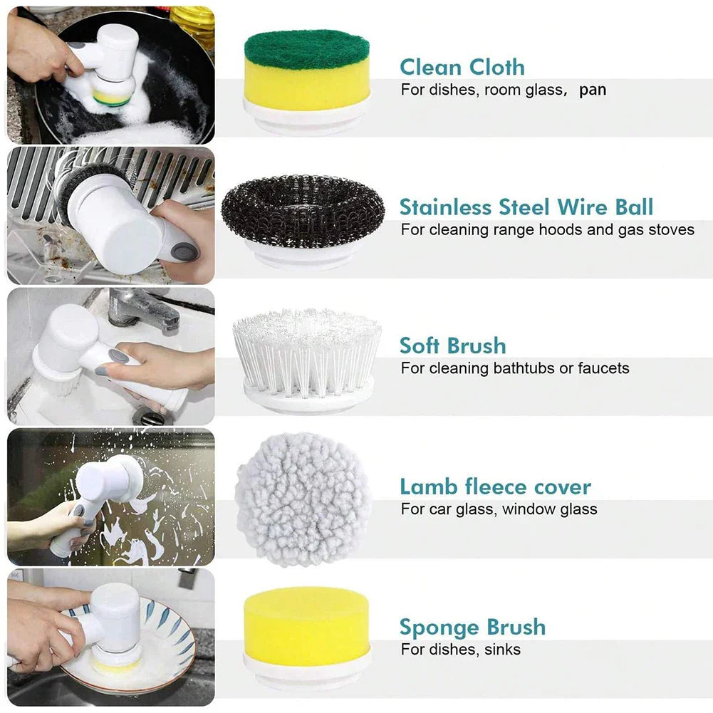 Electric Spin Scrubber USB Rechargeable Wireless Electric Cleaning Brush with 5PCS Brush Head Bathroom Kitchen Dishwashing Brush - UltraChic