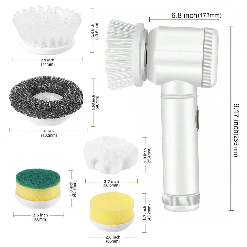 Electric Spin Scrubber USB Rechargeable Wireless Electric Cleaning Brush with 5PCS Brush Head Bathroom Kitchen Dishwashing Brush - UltraChic