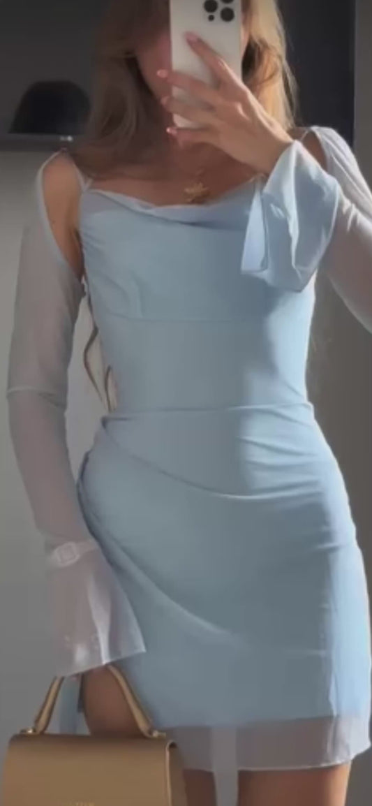 Women’s Mesh Party Dress – Draped Collar Flare Sleeve Elegant Split Hem Spring Evening Outfit