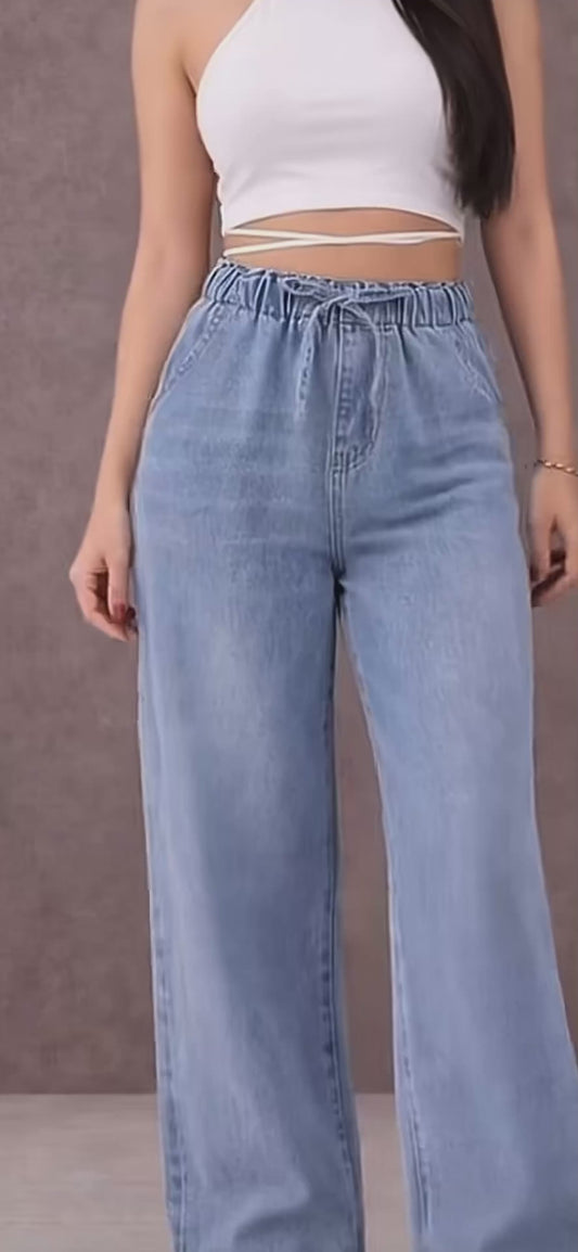 Drawstring Waist Denim Jeans High Comfort Relaxed Fit Effortless Casual Style All Season Women Petite