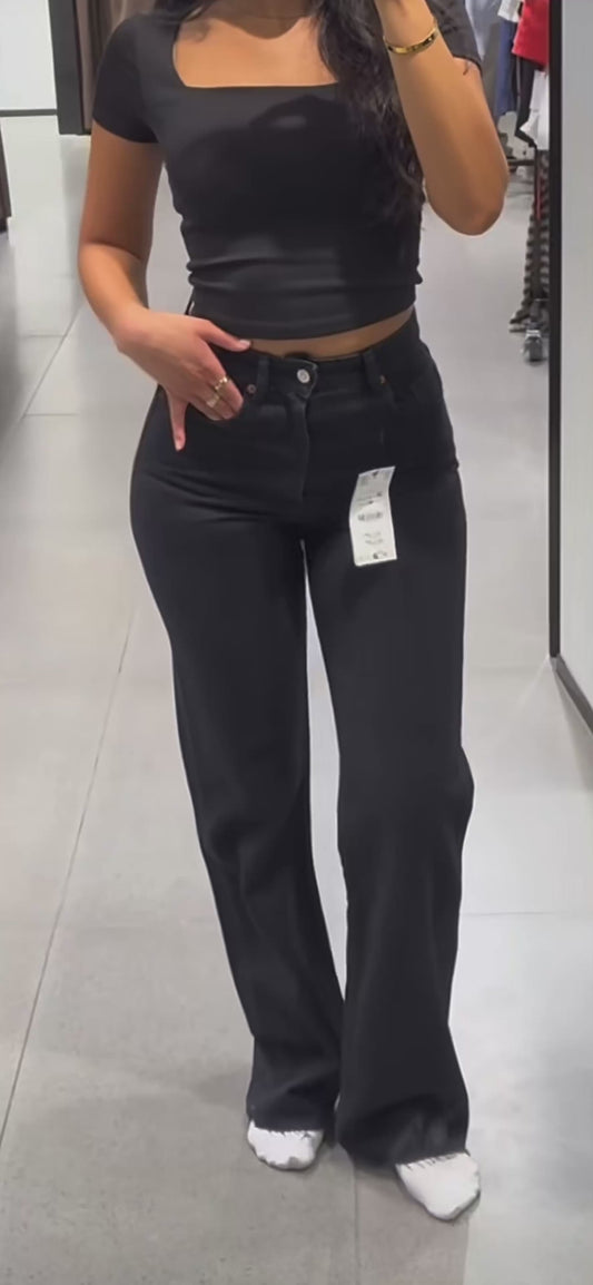 Wide Leg Denim Jeans High Waist Structured Fit Flattering Slim Silhouette All Season Women