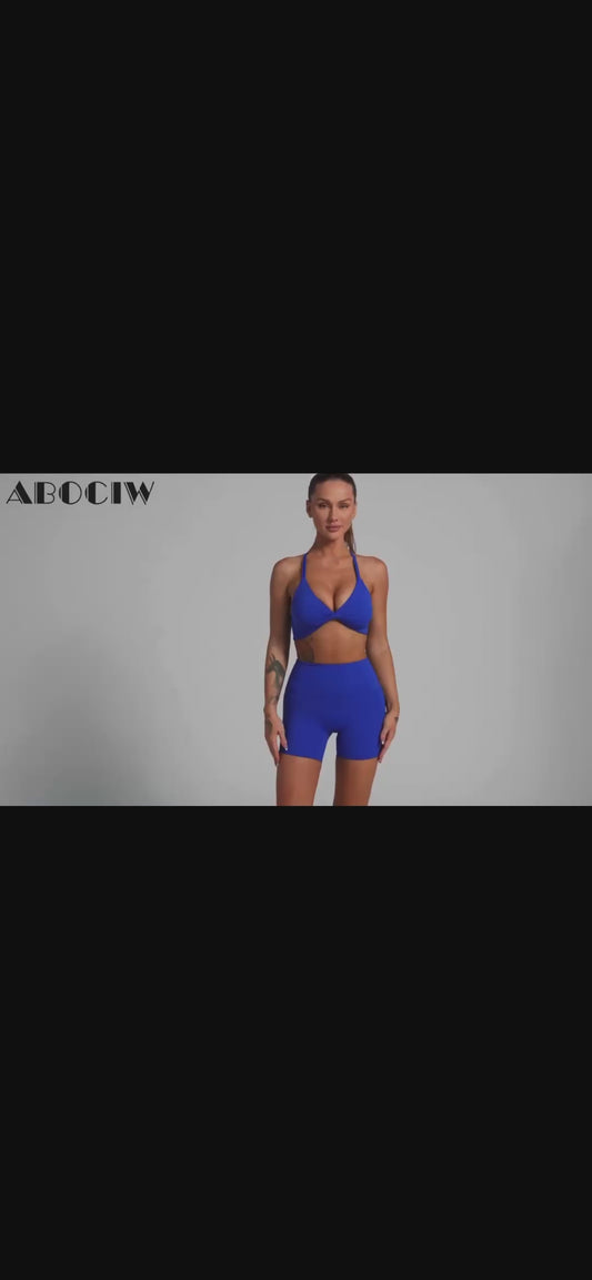 Women’s 2 Piece Workout Set – Ruched Halter Sports Bra & High Waist Mini Shorts Summer Activewear Outfit