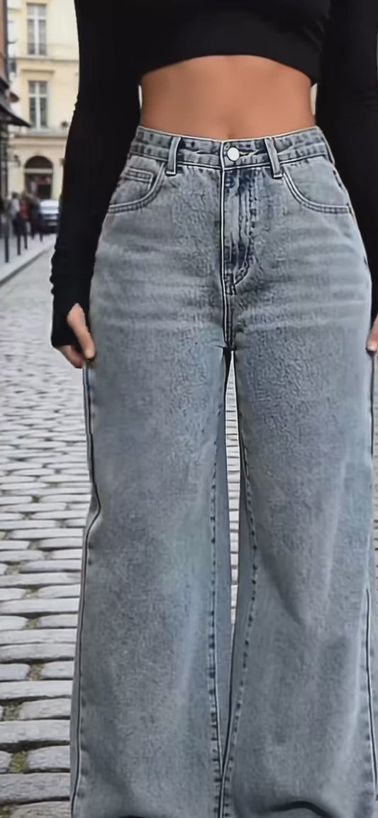 Wide Leg Denim Jeans High Waist Fit Flattering Silhouette Casual All Season Women