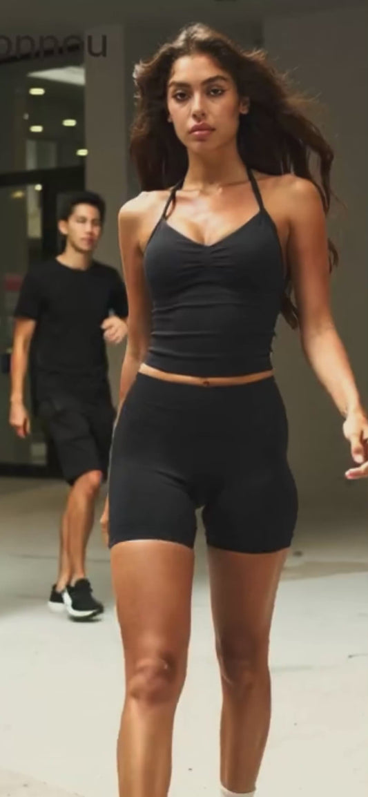 Women’s 2 Piece Street Style Workout Set – Camisole Crop Top & High Waist Shorts Summer Activewear Outfit