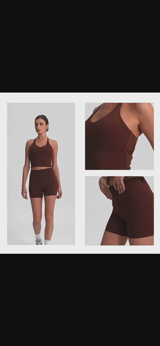 Women’s 2 Piece Summer Workout Set – Square Neck Camisole & High Waist Shorts Activewear Gym Outfit