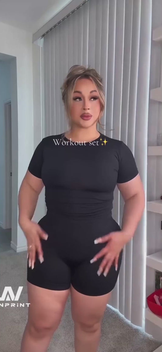 Women’s 2 Piece Butt Lifting Workout Set – Short Sleeve Crop Top & High Waist Shorts Summer Activewear Outfit